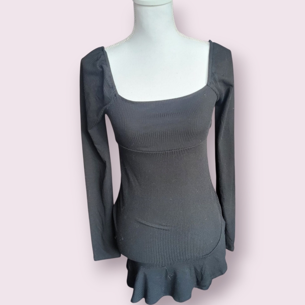Forever 21 Black Ribbed Knit Texture Mini Dress Long Sleeve